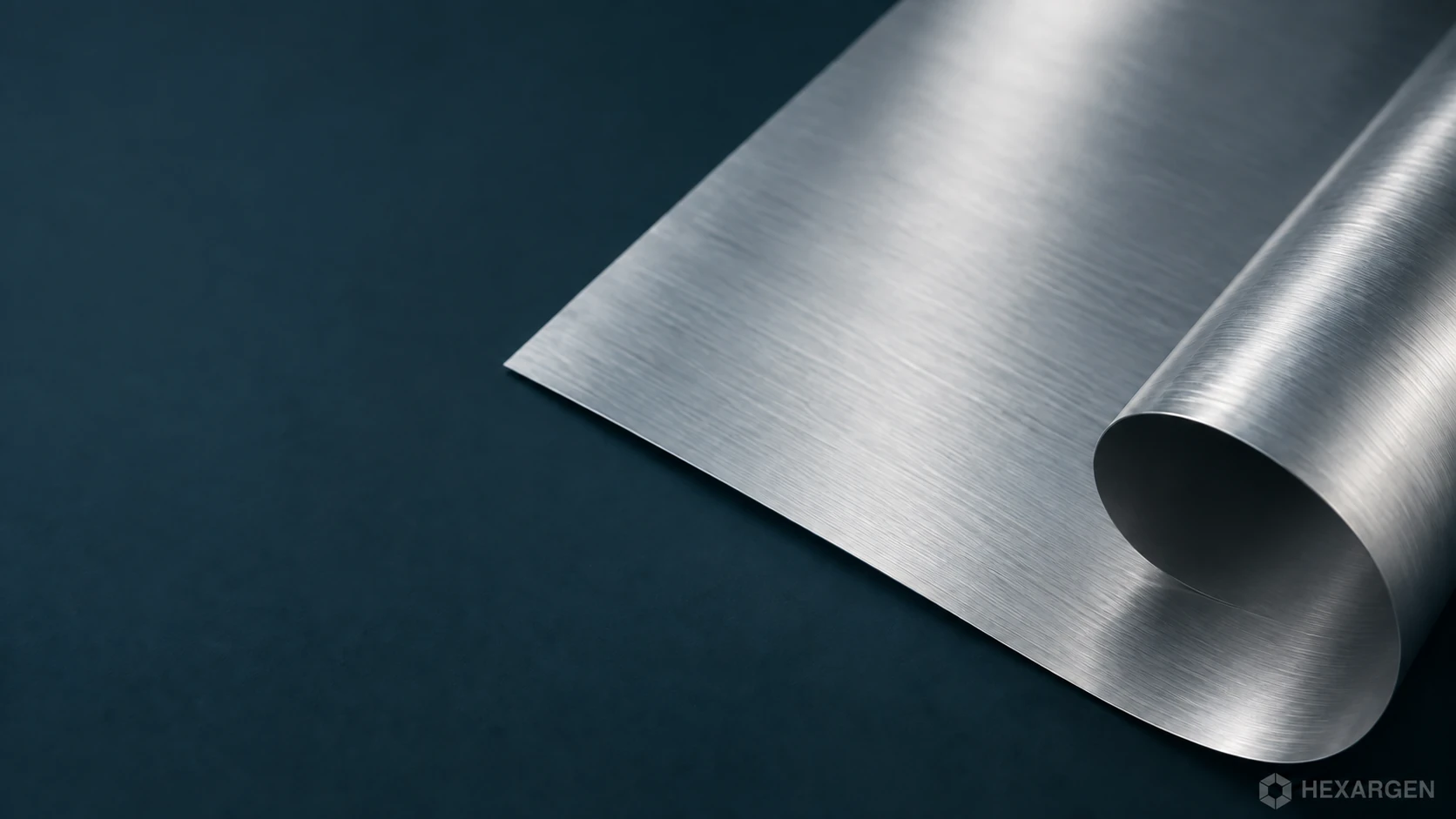 Illustrative rolled metal sheet on a petroleum blue background